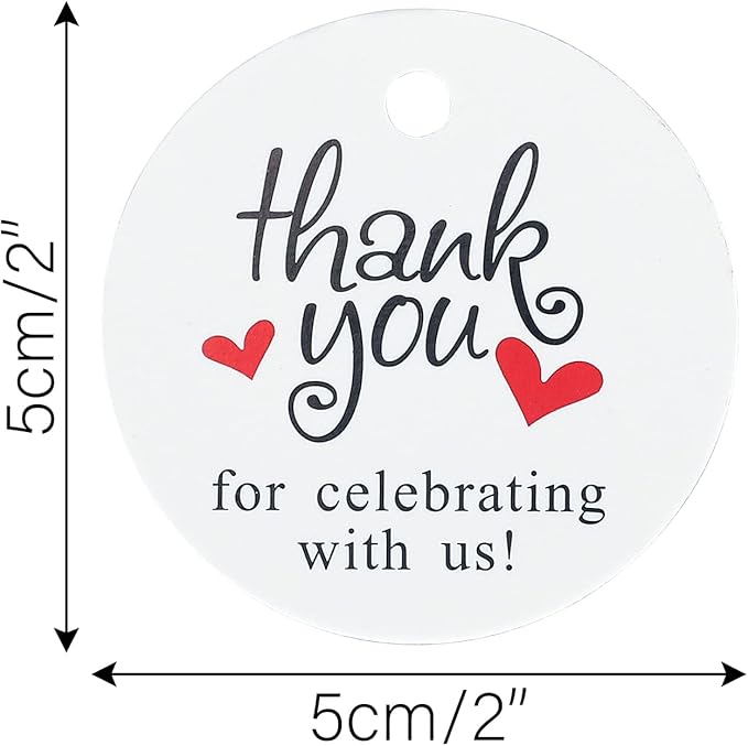 G2PLUS Thank You Tags, 100PCS Thank You for Celebrating with Us Tags, 2 in White Round Gift Tag with String for Gift Wrapping, Wedding Party Favors
