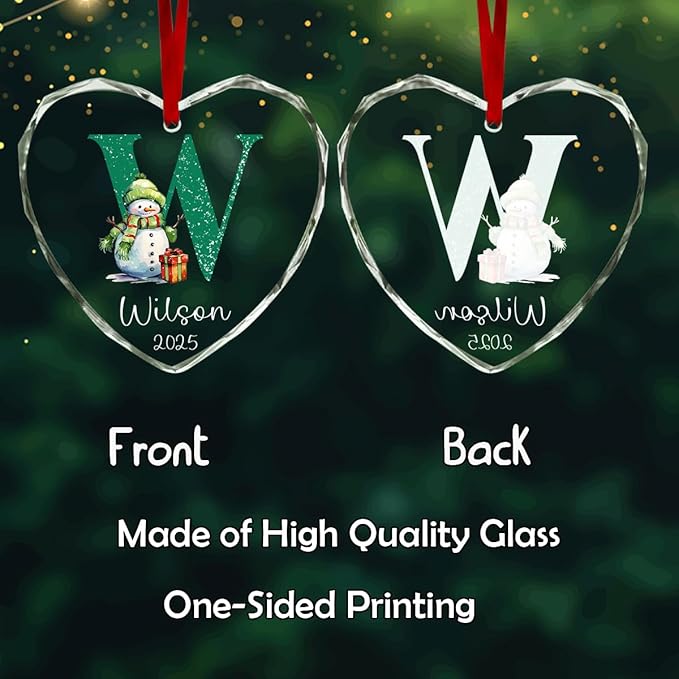 Personalized Heart Christmas Crystal Glass Ornaments Custom 2025 Name Ornament for Christmas Tree Decorations Customized Smowman Tree Hanging Gifts for Family Boys Girls