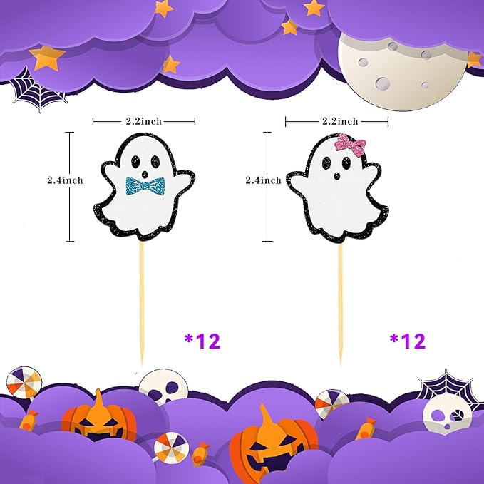 24 Pcs Halloween Ghost Cupcake Toppers, Boy and Girl Gender Reveal Cupcake Picks, Pink Blue Halloween Cake Topper Halloween Baby Shower Party Decorations for Halloween Birthday Party Decor (B/G-0)