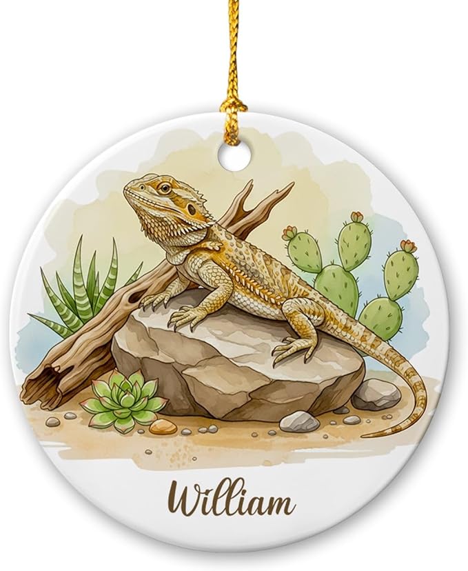 Personalized Bearded Dragon Ceramic Ornament, Reptile Animal Keepsake Gift for Men Women Lizard Lovers, Custom Pet Bearded Dragon Christmas Ornament with Name, Novelty Lizard Xmas Tree Decoration