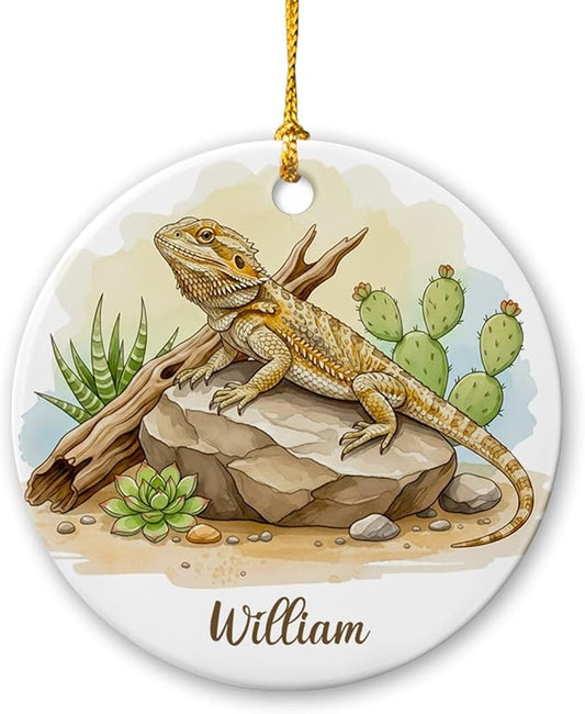 Personalized Bearded Dragon Ceramic Ornament, Reptile Animal Keepsake Gift for Men Women Lizard Lovers, Custom Pet Bearded Dragon Christmas Ornament with Name, Novelty Lizard Xmas Tree Decoration