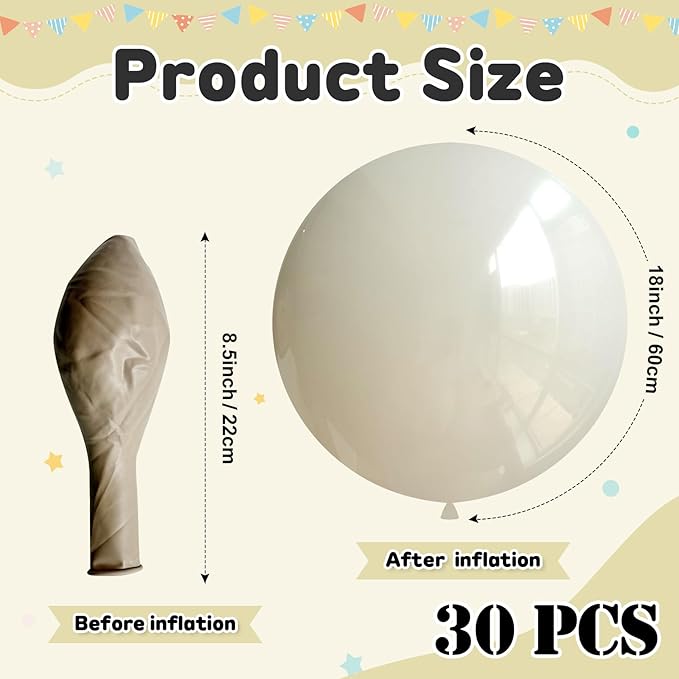 30 pcs Sand White Balloons 18 Inch - Large Thick Latex Balloon for Birthday Bridal Shower Wedding Party Decorations