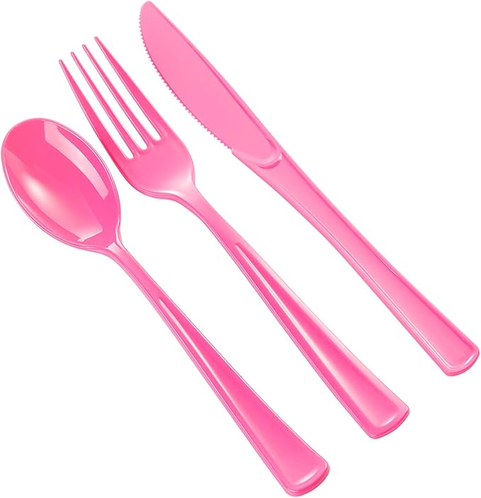 Party Solids 350 Pieces Cerise Plastic Plates For Party, Cerise Disposable Plates Set, 50 Of Each 9" Dinner Plate Set, 7" Dessert Plate, Cups, Napkins & Cutlery Plastic Dinnerware