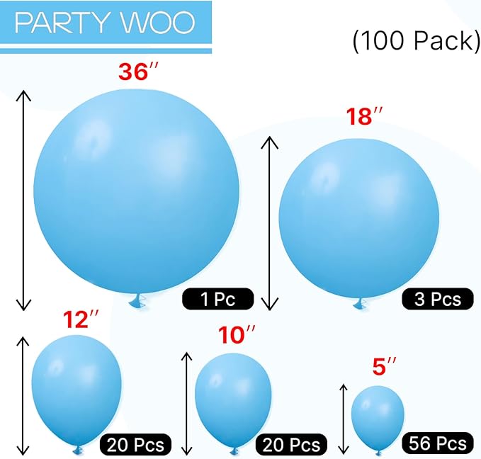 PartyWoo Bright Sky Blue Balloons, 100 pcs Matte Blue Different Sizes Pack of 36 Inch 18 Inch 12 Inch 10 Inch 5 Inch Blue for Balloon Garland Arch as Party Decorations, Blue-Y20