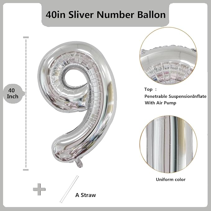40 inch Silver Number Balloon Giant Foil Helium Balloons Silver Number 9 Balloon for 9th Birthday Party Anniversary Decorations Supplies