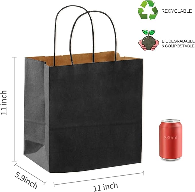 COGLARING 100Pcs Black Gift Bags with Handles - 11x5.9x11 Inch Kraft Paper Bags for Parties, Shopping, Grocery & Takeout - Bulk Black Paper Gift Bags