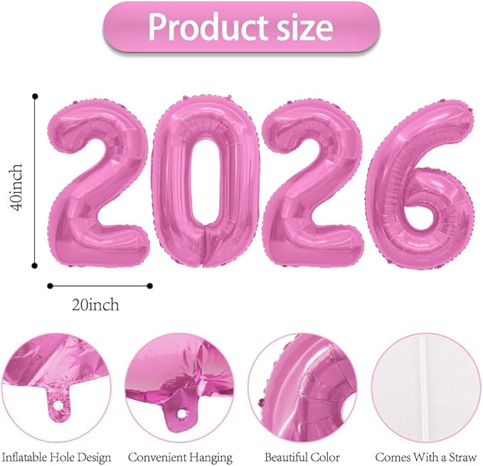 2026 Balloons, Number Balloons 2026 Balloon Numbers, 40 Inch Foil Number Balloon for New Year Eve Festival Christmas Birthday Wedding Anniversary New Years Decorations Party Supplies Pink
