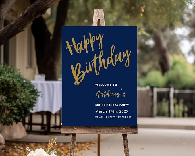Happy Birthday Welcome Sign Template, Navy Blue 40th 50th 60th 80th or Any Age Welcome Banner, Editable Party Décor, welcome sign for birthday parties