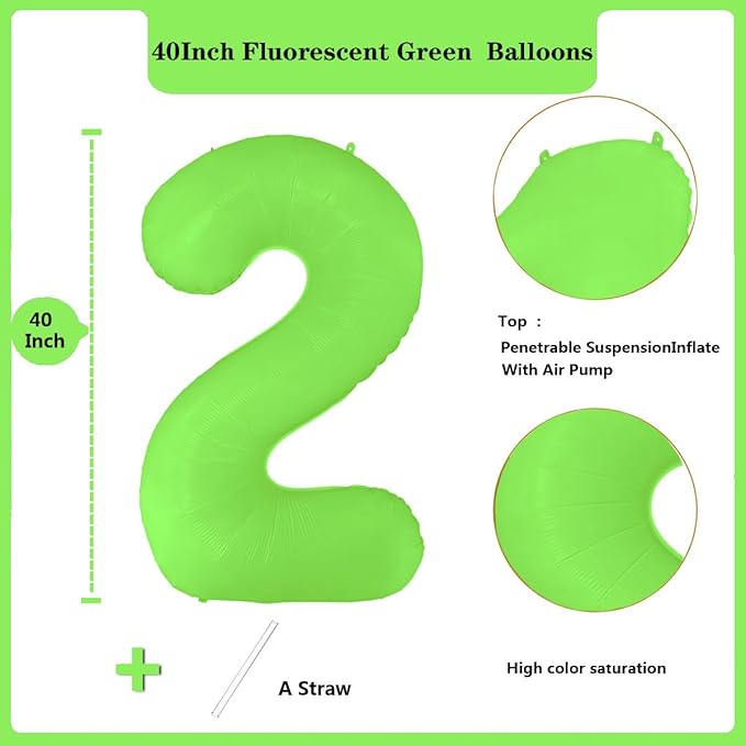 Fluorescent Green Number Balloon 40 inch Giant Foil Helium Balloons Green Number 2 Balloon for 2nd Birthday Party Decorations