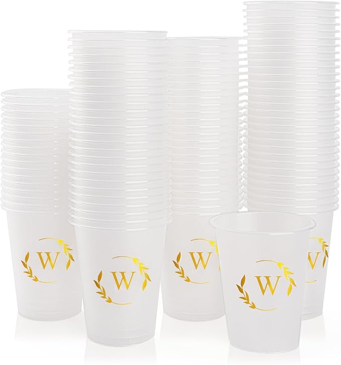 100 Monogrammed Cups Disposable Initial Plastic Cup 12 oz Wedding Personalized Cup for Wedding Reception Baby Shower Birthday Party(Letter W)