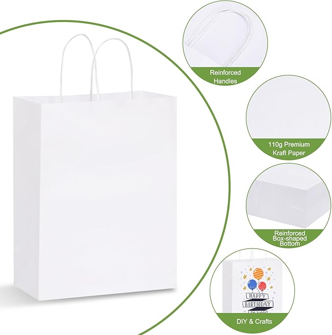 OUTUXED 100pcs White Paper Gift Bags 10x5x13in Kraft Large Paper Bags with Handles Bulk for Business, Shopping, Grocery, Retail, Birthday Wedding Party Favor, Merchandise