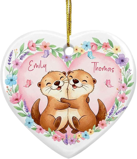 Couple Otter Together Ornament Christmas, Personalized Hugging Otters Ceramic Xmas Ornament, Gift for Couple Newlyweds Boyfriend Girlfriend, Custom Names Mr & Mrs Otter Married Ornaments Xmas