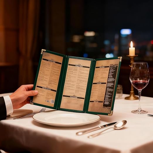 Goodsmart Restaurant Menu Covers – 25 Pack Green 6-View Trifold 5.5" x 8.5", Side-Loading Vinyl & Plastic Menu Holders, Clear Menu Sleeves, Leather-Style Café Covers with Gold Corners