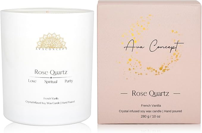 ‎ava concept - Crystal Candle Rose - Quartz French Vanilla Scented - Soy Candles - Home Decor Aromatherapy - Glass Jar Birthday, Wedding Gift Set for Women 10 oz