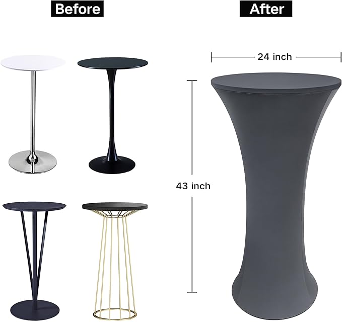 2PCS 24x43 Inch Round Fitted Cocktail Table Cover Grey Spandex Cocktail Table Cloth Highboy Fitted Tablecloth High Top Table Cloths for Party Pub Banquet Bistro