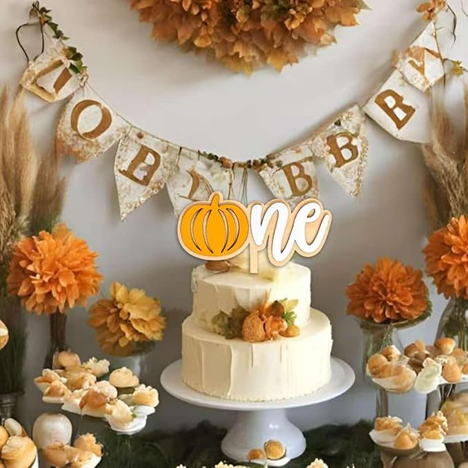 Pumpkin One Cake Topper - First Fall Harvest Theme Party Decoration, Halloween 1st Birthday Party Decoration, First Birthday Party Cake Smash Topper，Fall Thanksgiving Party Supplies