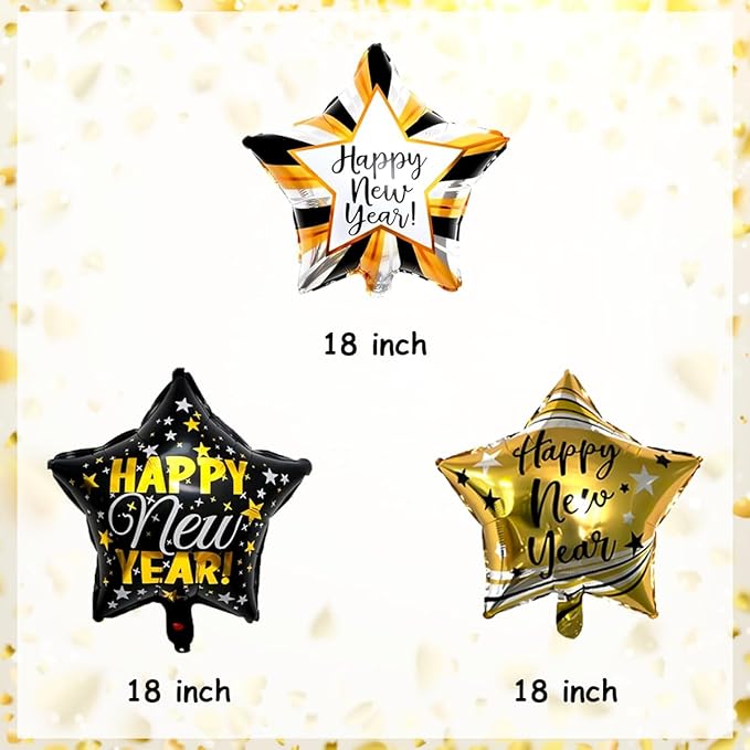 9pcs Happy New Year Balloons, Black and Gold Star Foil Balloon For 2026 New Years Eve Party Supplies