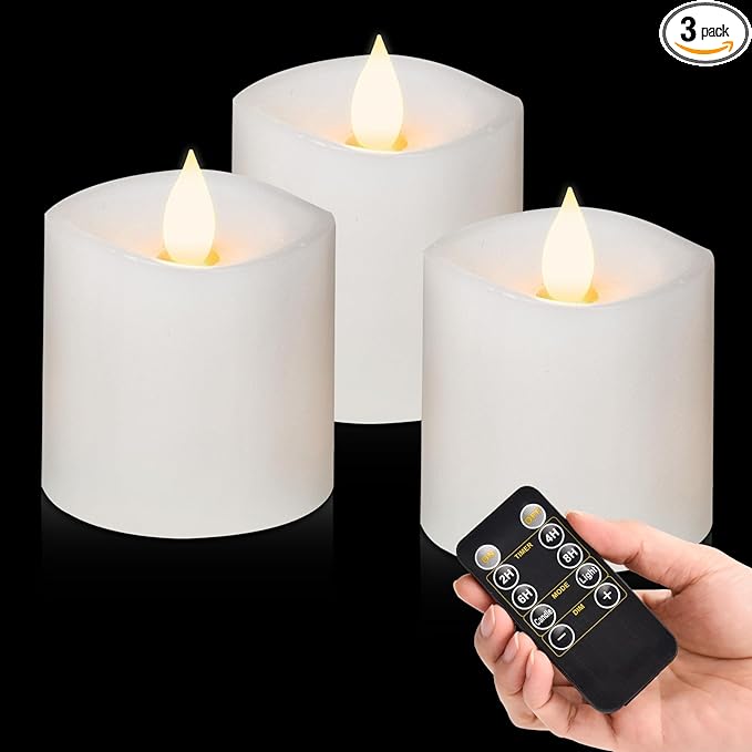 3x3 Flameless Candles Set of 3, LED Battery Candles Flickering, 3 inch Flameless Candles with Remote,Battery Powered Candles,for Wedding Holiday Decorations,White