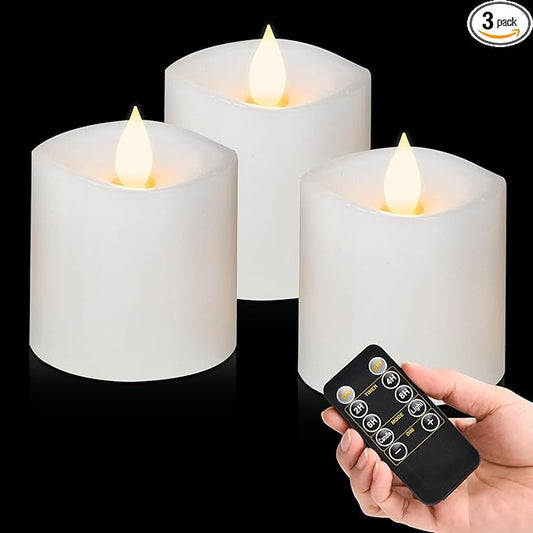 3x3 Flameless Candles Set of 3, LED Battery Candles Flickering, 3 inch Flameless Candles with Remote,Battery Powered Candles,for Wedding Holiday Decorations,White