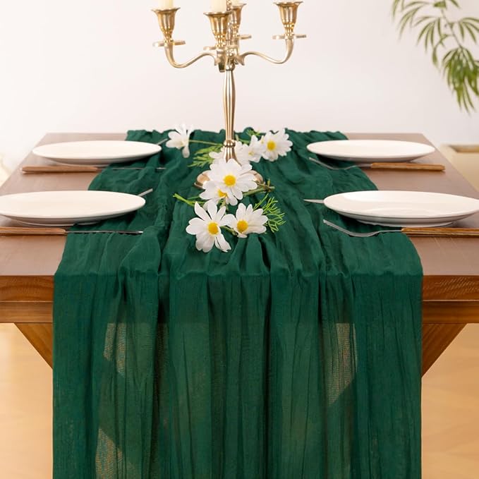 Socomi 10pcs Emerald Green Cheesecloth Table Runner Fall Thanksgiving Boho Rustic Gauze 120 inch 10FT Cheese Cloth Runner for Wedding Party Baby Shower Birthday Home Decor Holiday Decorations