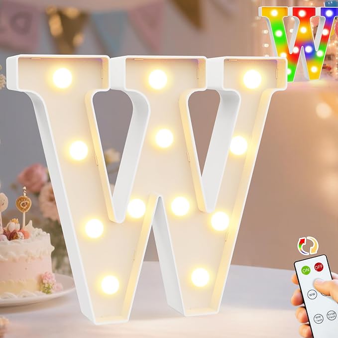 Pooqla LED Light Up Letters, Warm White and Colorful Lighted Marquee Letters with Remote, Lighted Letter for Party Birthday Decorations, Gift for Girls Boys Night Light, Wedding Home Decor, Letter W