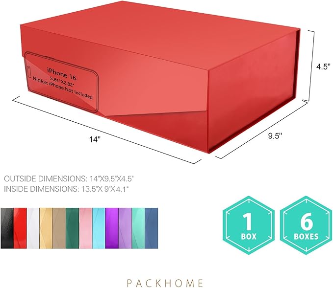 PACKHOME Large Christmas Gift Box with Lid 13.5x9x4.1 Inches, Sturdy Collapsible Gift Box with Magnetic Closure for Xmas (Glossy Red)