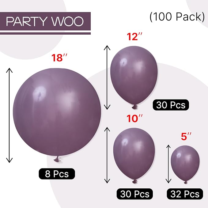 PartyWoo Dusty Purple Balloons 100 pcs Different Sizes of 18 12 10 5 Inch Dark Purple Latex Helium Balloon Arch Kit Garland for Baby Shower Halloween Butterfly Birthday Party Decorations Purple-F50