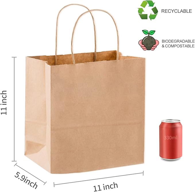 COGLARING 50Pcs Brown Gift Bags with Handles - 11x5.9x11 Inch Kraft Paper Bags for Parties, Weddings, Shopping, Grocery, Takeout & Retail - Bulk Brown Paper Gift Bags