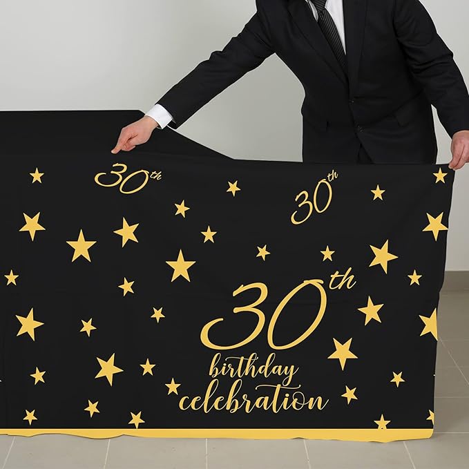 Gatherfun 30th Birthday Disposable Tablecloth 4 Pack Gold and Black Waterproof Plastic Table Cover for Men Woman 30 Birthday Party Decorations