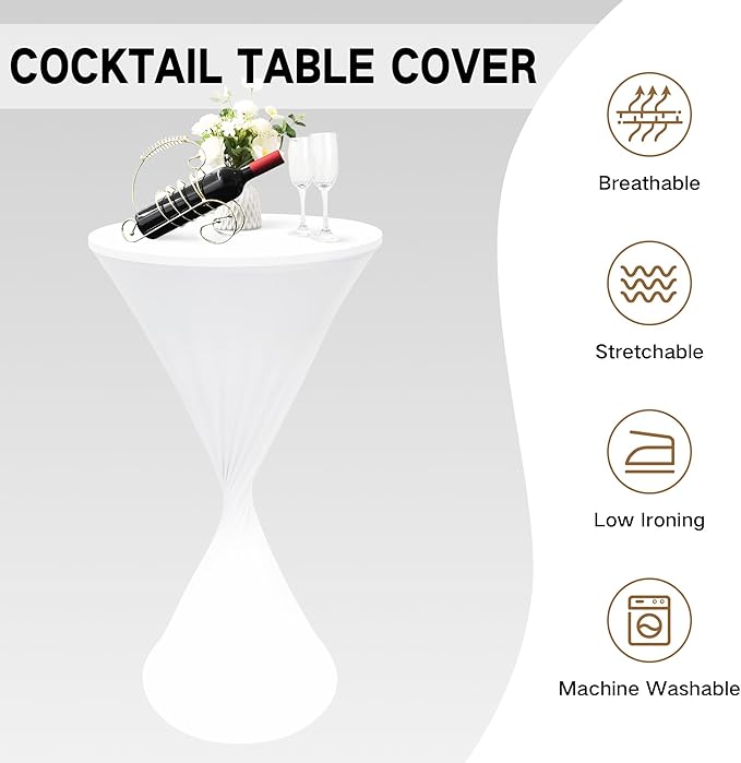 24x43 Inch Round Fitted Cocktail Table Cover White Spandex Cocktail Table Cloth Highboy Fitted Tablecloth High Top Table Cloths for Party Pub Banquet Bistro