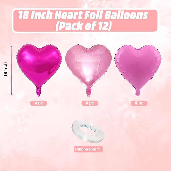 Pink Heart Balloons, 18 Inch Light Pink Heart Shape Balloons, 12PCS Rose Red and Hot Pink Helium Foil Heart Balloon for Girls Birthday Baby Shower Engagement Wedding Valentine Party Decorations