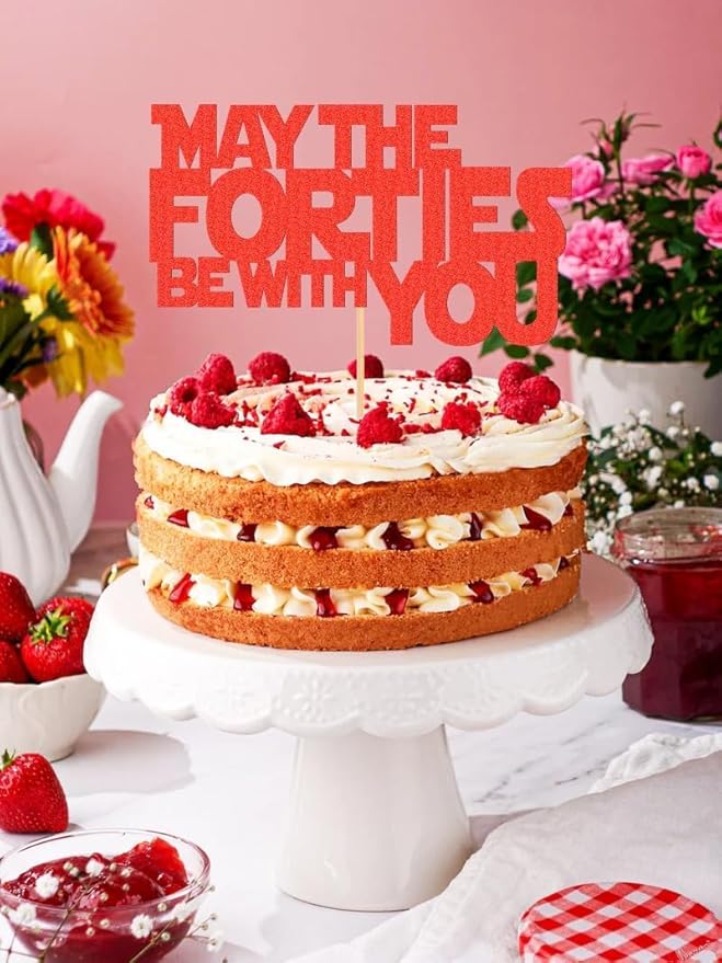 May The Forties Be With You Cake Topper - Glitter Red 40th Birthday Cake Decorations, 40th Wedding Anniversary Cake Pick (Red)