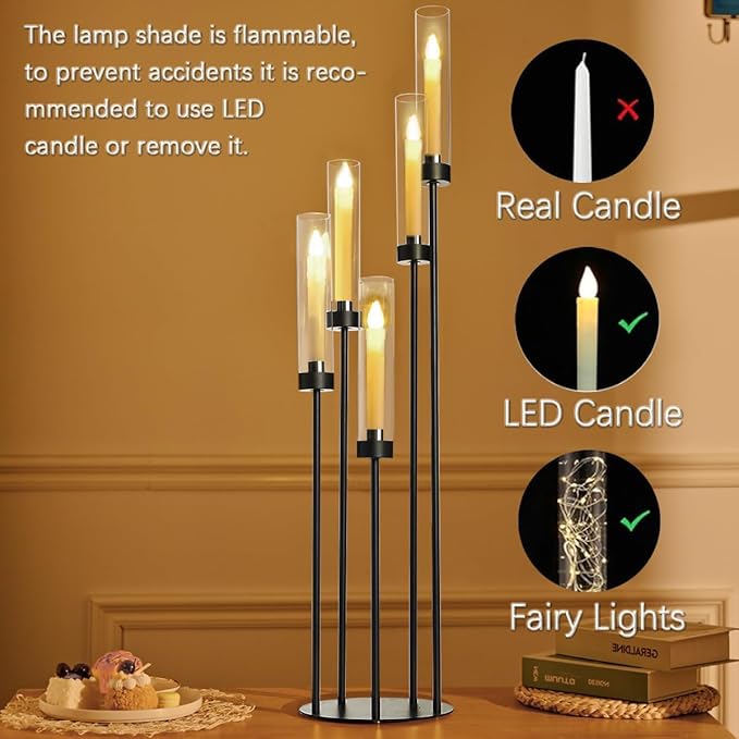 39.8''Matte Black Candle Holder with Acrylic Shades Tall 5 Arm Candelabra Black Table Centerpiece 6PCS for Wedding Living Dining Room Fireplace Decoration Fit 0.98''LED Taper Candle