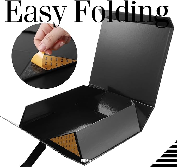 BLK&WH Extra Large Gift Box with Ribbon - 16.3x14.2x5 Inches, Black Groomsman Proposal Box for Large Gifts and Clothes (Glossy)