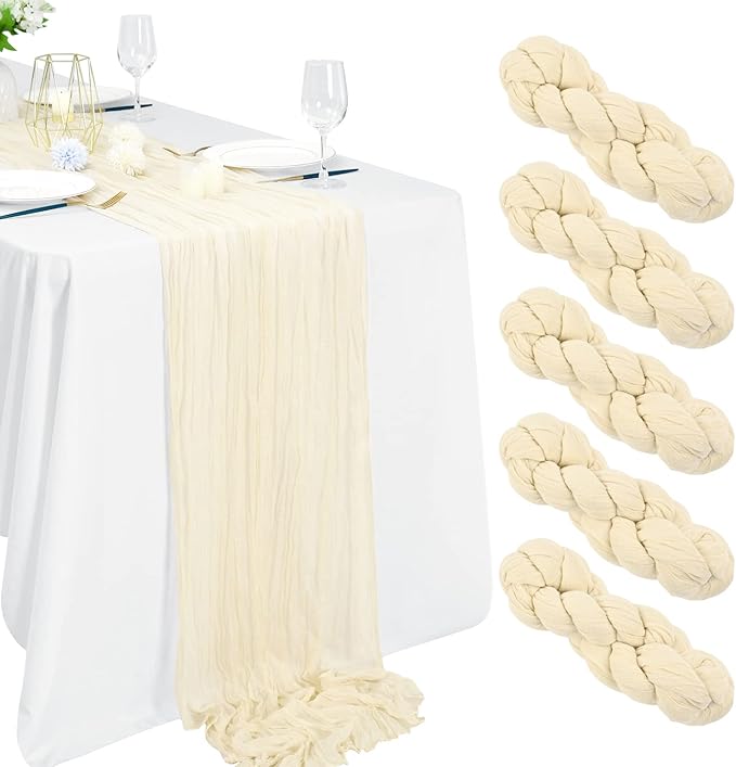 5 Packs 10Ft Ivory Cheesecloth Table Runner, 35" x 120" Rustic Gauze Boho Wedding Table Runner Decorations, Wedding Table Decor Table Cloth for Wedding Party Bridal Shower Table