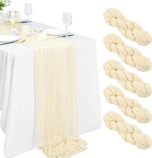 5 Packs 10Ft Ivory Cheesecloth Table Runner, 35" x 120" Rustic Gauze Boho Wedding Table Runner Decorations, Wedding Table Decor Table Cloth for Wedding Party Bridal Shower Table