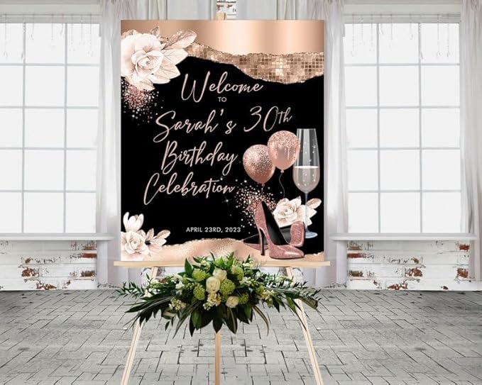 Rosegold Glitter Heels Floral Roses Birthday Welcome Sign, Custom Birthday Sign, Welcome Sign for Birthday Parties