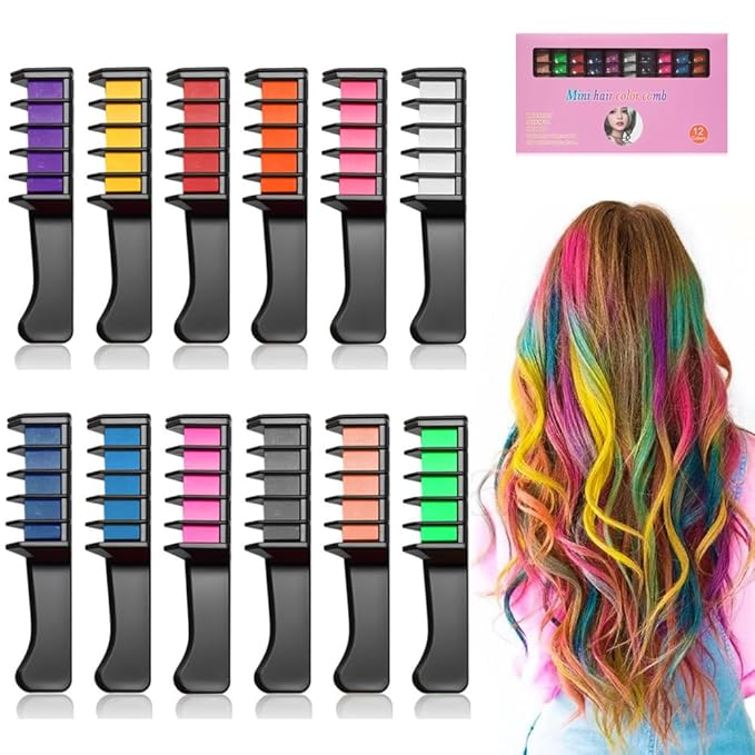 12 Colors Festive Fun Hair Chalk Combs, 2026 New Temporary Glitter Hair Colors Hair Chalk Combs, Washable DIY Hair Color Dye for Birthday Christmas Party Gifts for Teenage Girls Kids (12 Colors)