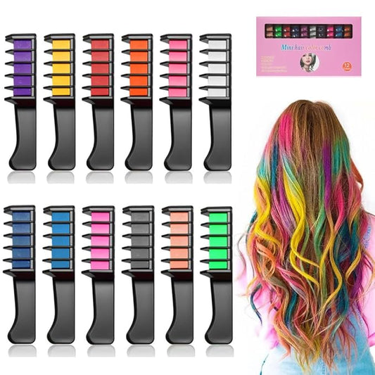 12 Colors Festive Fun Hair Chalk Combs, 2026 New Temporary Glitter Hair Colors Hair Chalk Combs, Washable DIY Hair Color Dye for Birthday Christmas Party Gifts for Teenage Girls Kids (12 Colors)
