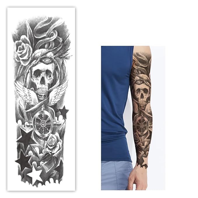 Skull Sleeve Tattoos Fake Totem Full Arm Tattoos Halloween Full Sleeve Tattoo Stickers for Women Men, 10-Sheet