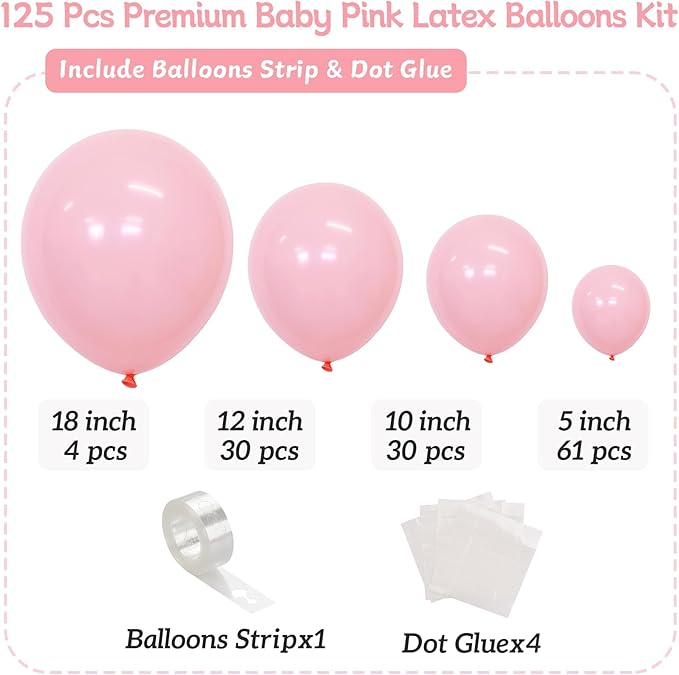 Light Pink Balloons 125 pcs Different Sizes of 8 12 10 5 Inch Pastel Baby Pale Pink Balloon Arch Kit Garland for Princess Birthday Baby Shower Gender Reveal Valentine's Day Party Decoration