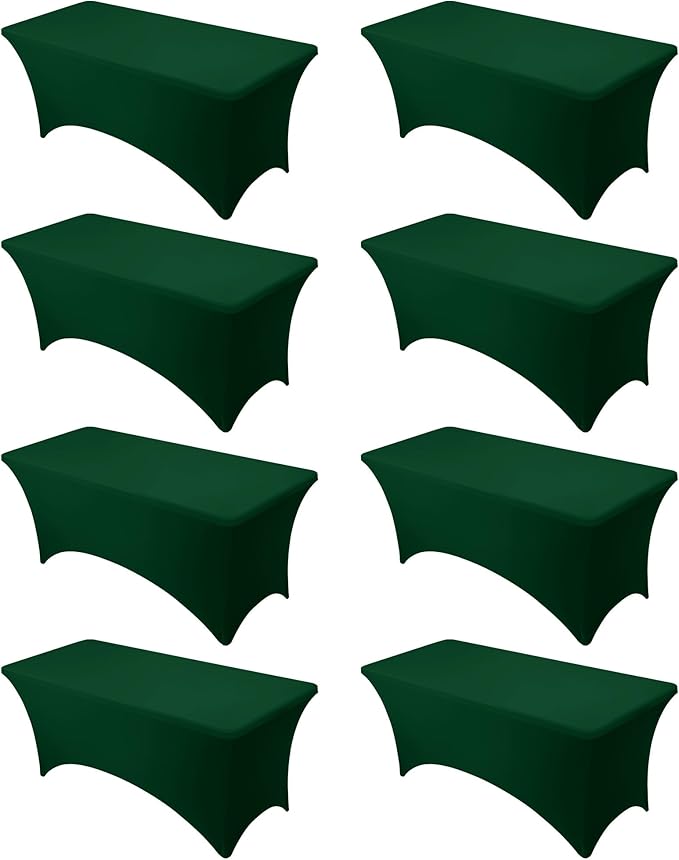 8-Pack Premium Hunter Green Spandex Tablecloths for 6ft Rectangle Tables, Stain & Wrinkle-Resistant, Washable Stretch Polyester Fitted Table Cover for Weddings, Banquets, Trade Shows Events