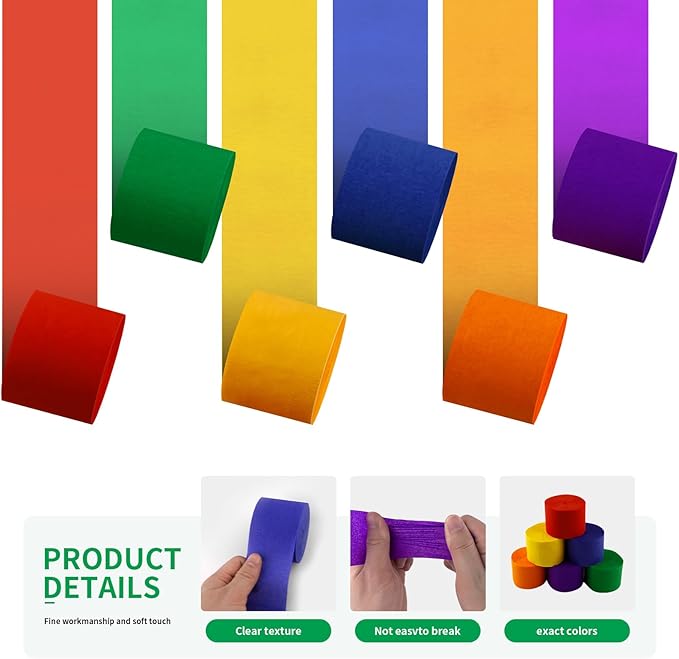 Large Crepe Paper Streamers 6 Rolls 2.2 Inch x 123 Ft/Roll Streamers for Party Backdrop Craft Tissue Paper Party Decorations Wedding Birthday Graduation Decor DIY Supplies - Multicolor