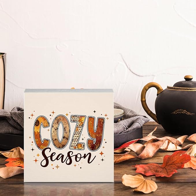 Cozy Season Fall Decor for Home Funny Fall Decorations Vintage Autumn Decor Cute Autumn Pumpkin Decorations for Desk Table 5 x 5 inches