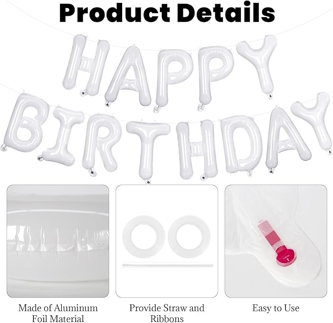 65 Pcs White Happy Birthday Balloons and 2 Sets A-Z Letters Foil Balloons, 16 Inch Personalized Name Happy Birthday Banners for Wedding Baby Shower Anniversary Party Decorations (White)