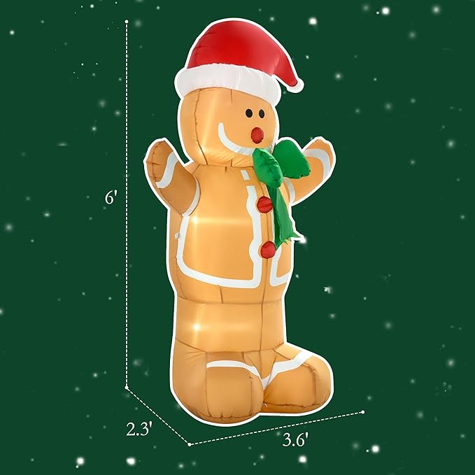 HOMCOM 6ft Christmas Inflatable Gingerbread Man, Outdoor Blow-Up Yard Decoration with LED Lights Display