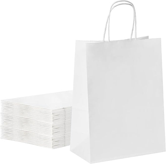 YEEHAW Medium Gift Bag, 50Pcs White Kraft Paper Bags with Handles, Eco-Friendly, Bulk Pack, 8''x4.5''x10.8'', Ideal for Wedding, Birthday, Party Favors, Holiday Gifts, Retail Bags
