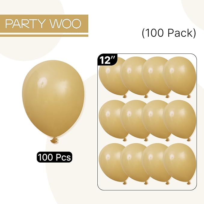 PartyWoo Tan Balloons 100 pcs 12 Inch Light Brown Neutral Boho Coffee Latex Helium Balloons for Wedding Baby Shower Gender Reveal Graduation Safari Woodland Birthday Party Decorations Tan-F19