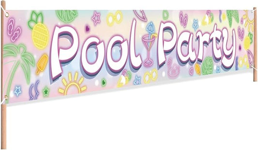 Neon Pool Party Banner - Summer Themed Hawaiian Outdoor Decorations for Baby Shower, Birthday and Swimming Pool Parties(Pool Party Neon)