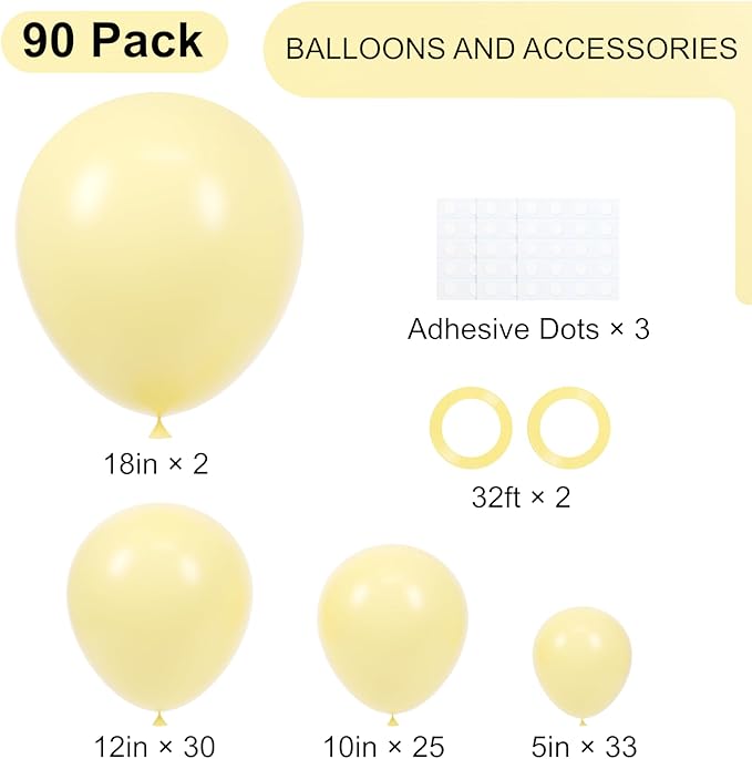 90pack Pastel Yellow Balloons Different Size 18/12/10/5 Inch Pastel Yellow Balloon Garland Arch Kit for Graduation, Wedding, Birthday, Princess, Baby Shower, Anniversary Party Decorations